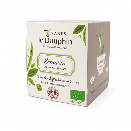 Tisane Bio Romarin – boîte, packshot sur fond blanc
